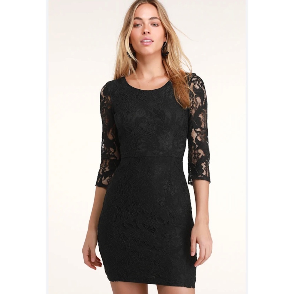 NWT Lulus Women's Black Lace Sheath Dress Cocktail Party Midi Elegant Size M
